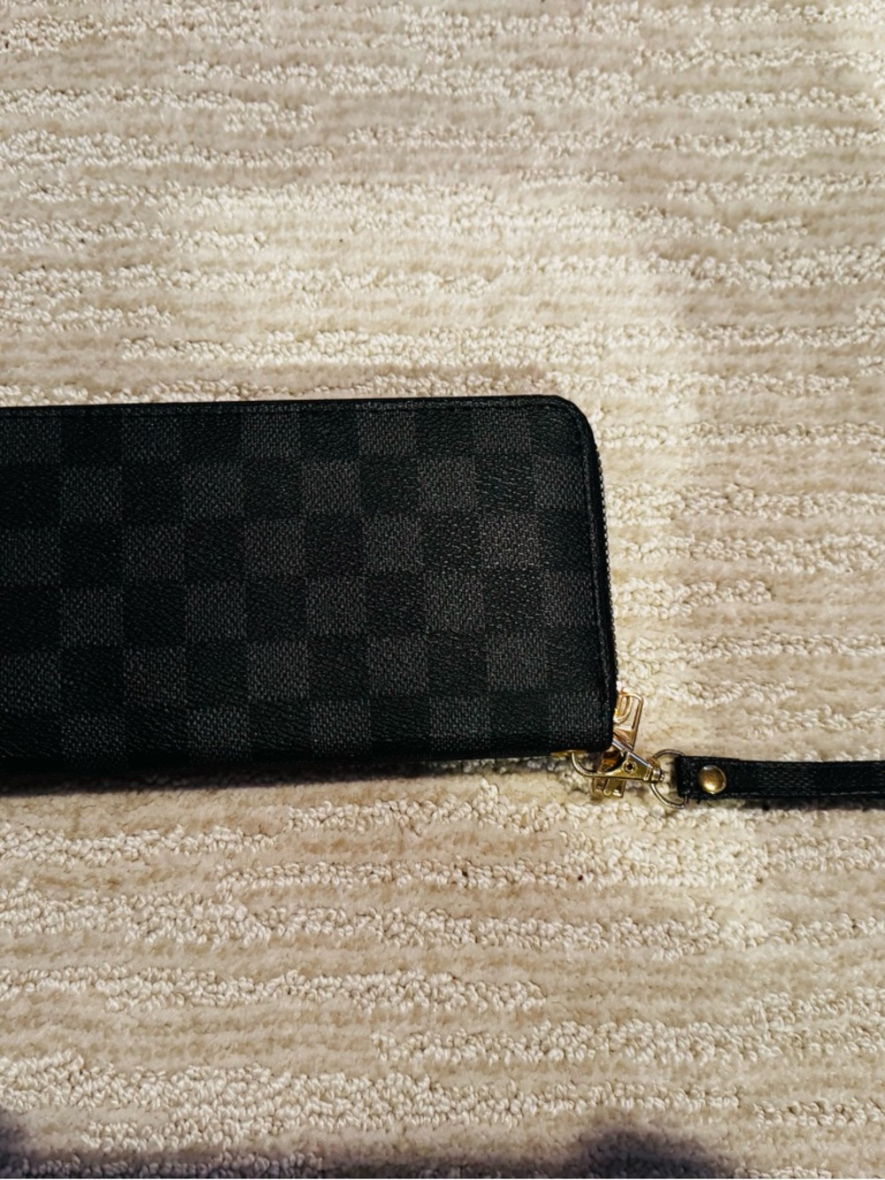 Black Checkered Wristlet Wallet with Gold Hardware